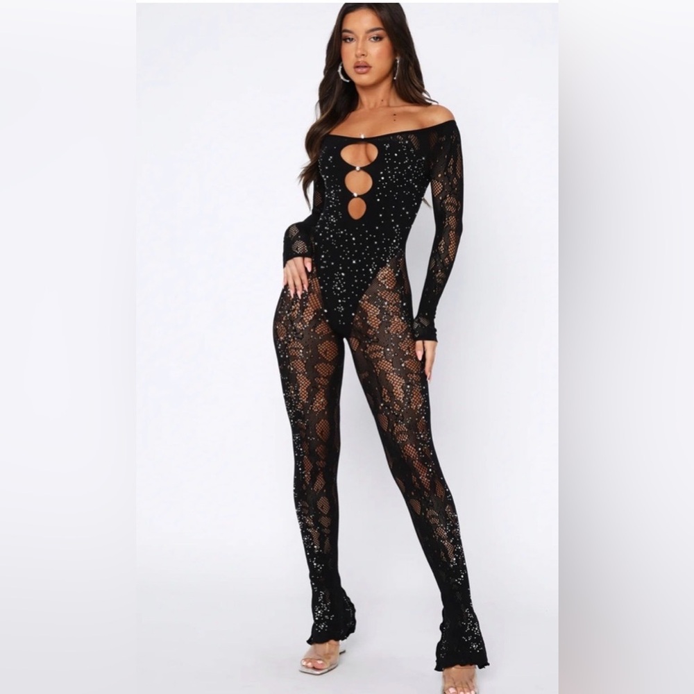 All eyes on me Black Sheer Lace Jumpsuit with Rhinestones